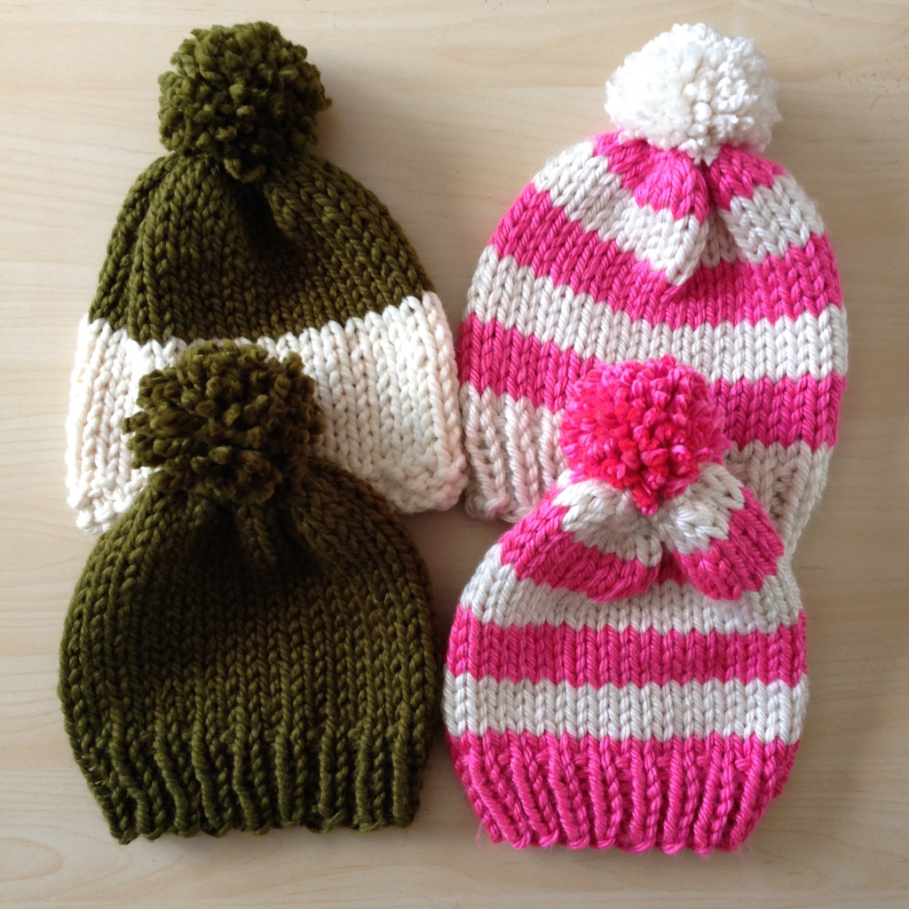4 variations of classic pom-pom beanies in various colors